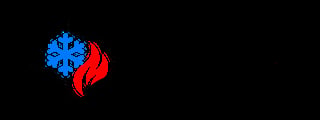 Blue snowflake and red fire flame icons on black background